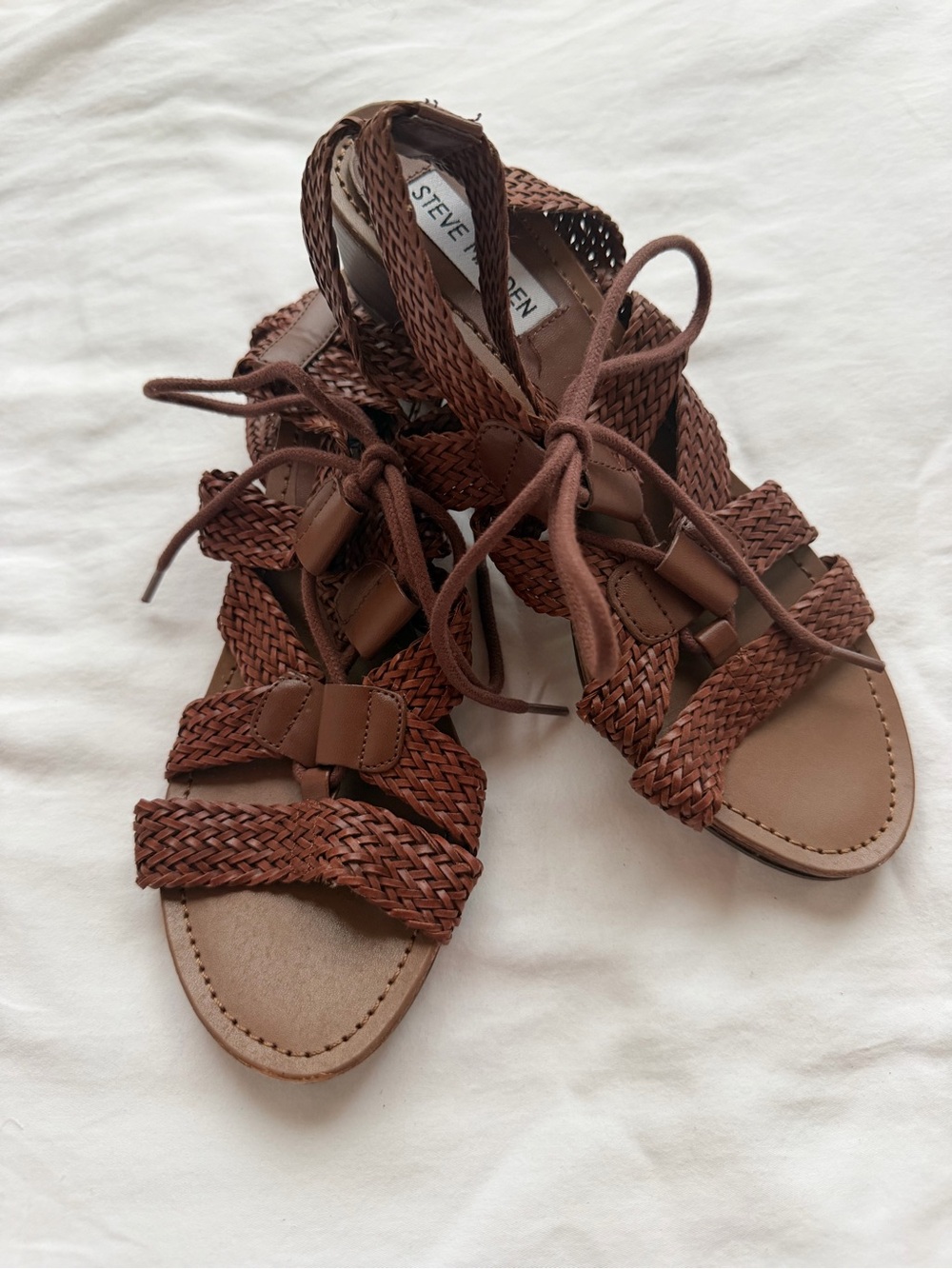 Steve Madden Rori Brown Woven Lace-Up Block Heel Sandals Size 7